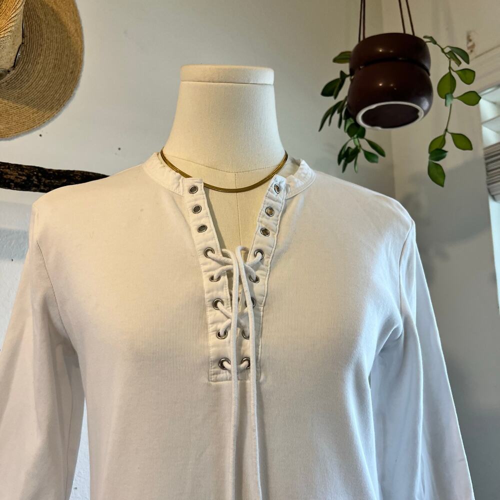 Ralph Lauren White Ribbed Lace Up Western Long Sleeve Cotton Top Size Medium